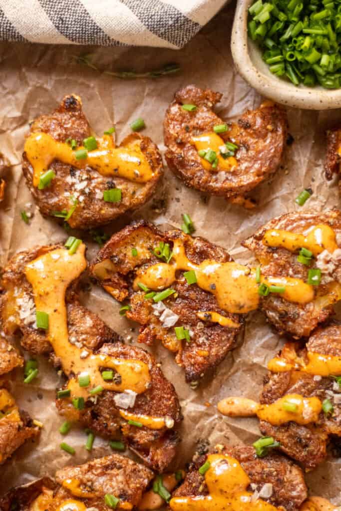 Crispy Smashed Potatoes with Creole Sauce - Pink Owl Kitchen Recipes