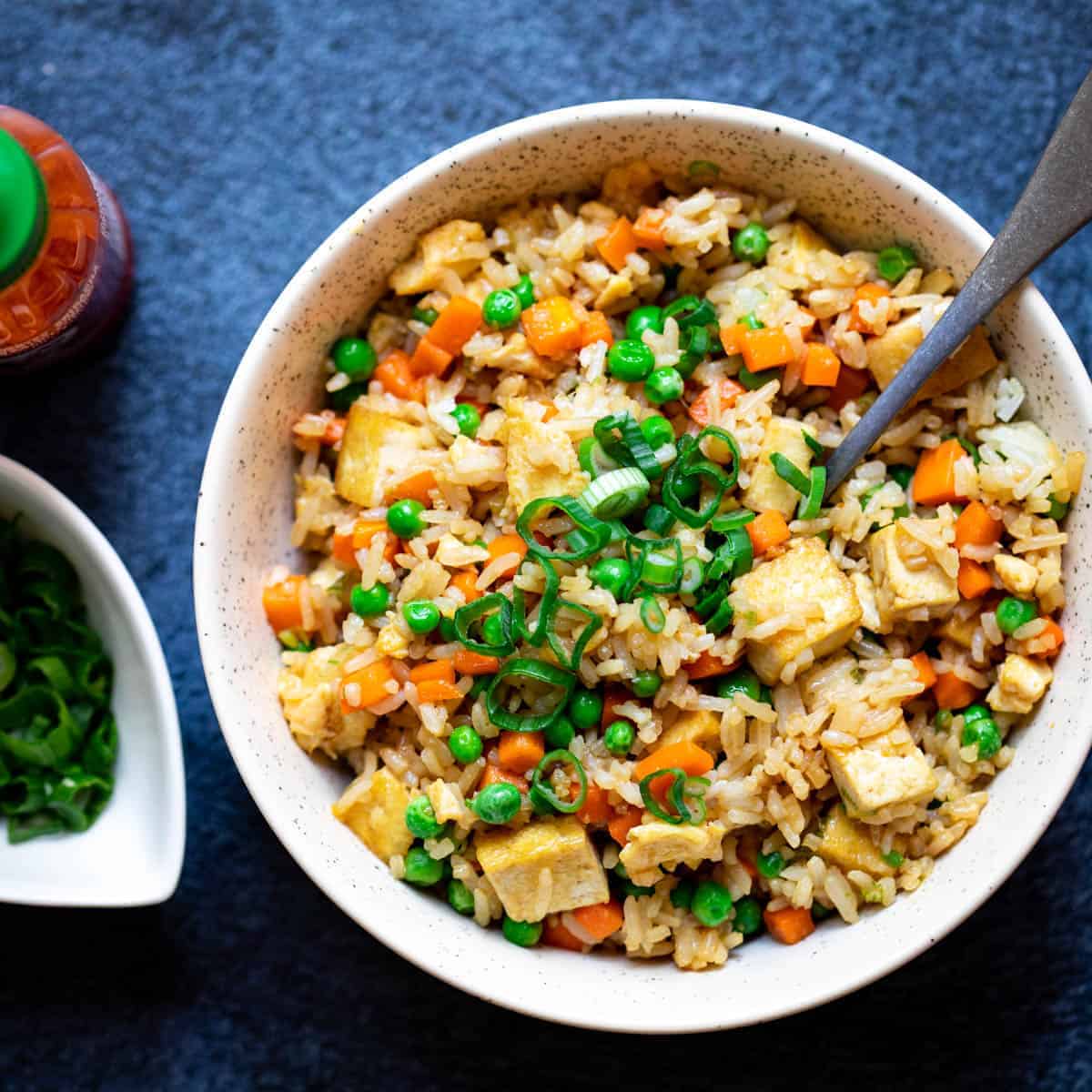 Chilli-fried tofu with egg-fried rice