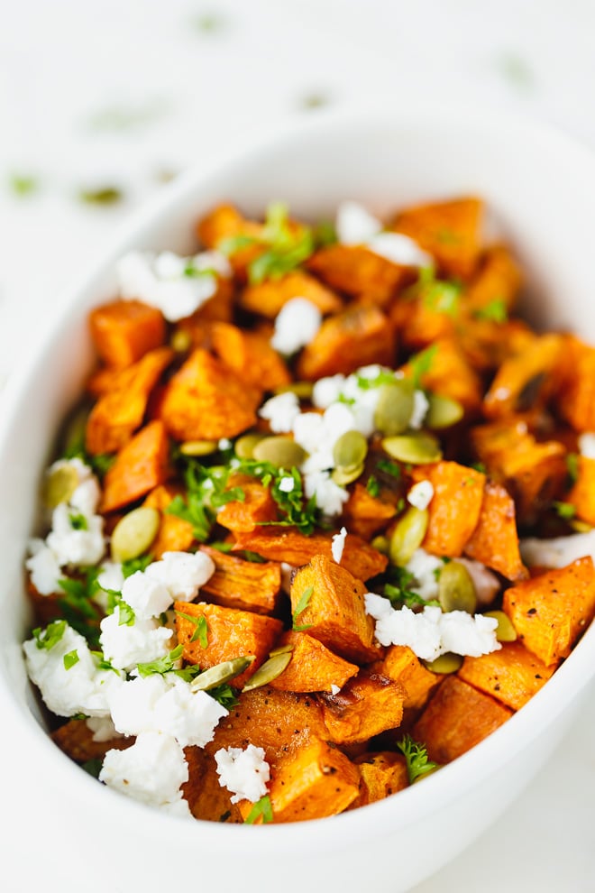 Charcoal roasted sweet potatoes with charred red onions and feta