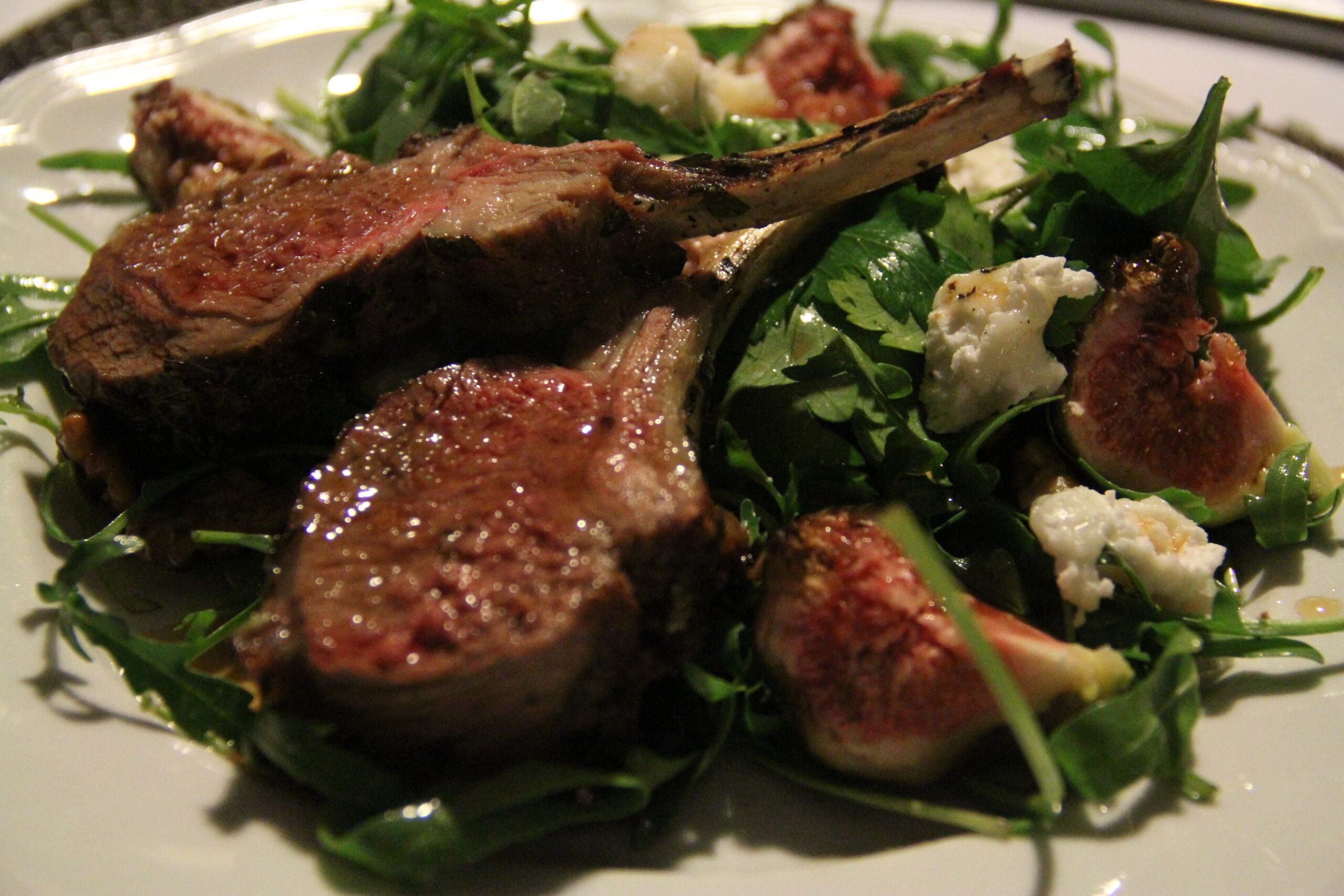 Marinated goat cutlets with roasted figs and goats’ curd