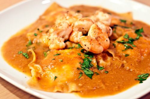 Crab and prawn ravioli with seafood bisque