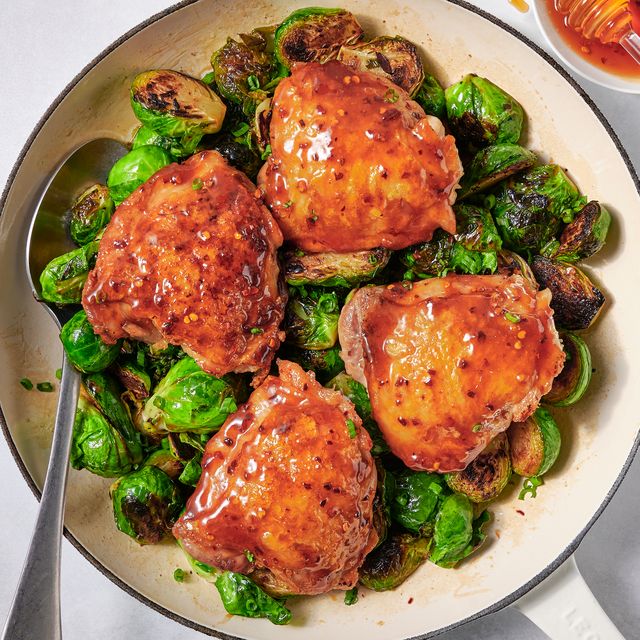 Fried chicken with pumpkin and Brussels sprouts