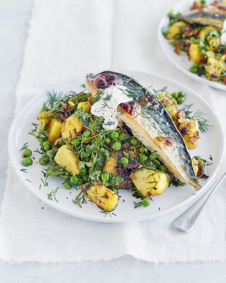 Grilled mackerel with new potatoes and salad