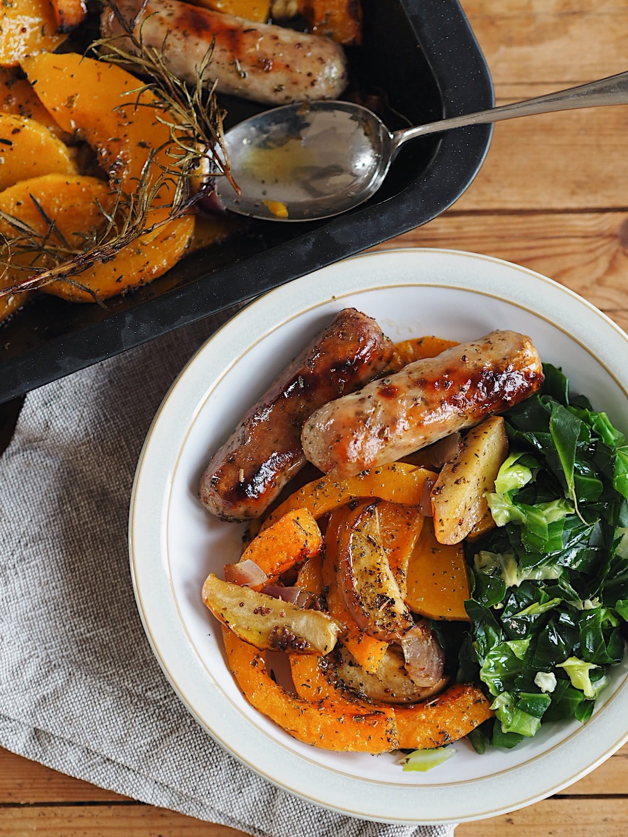 Sausage, squash and apple traybake