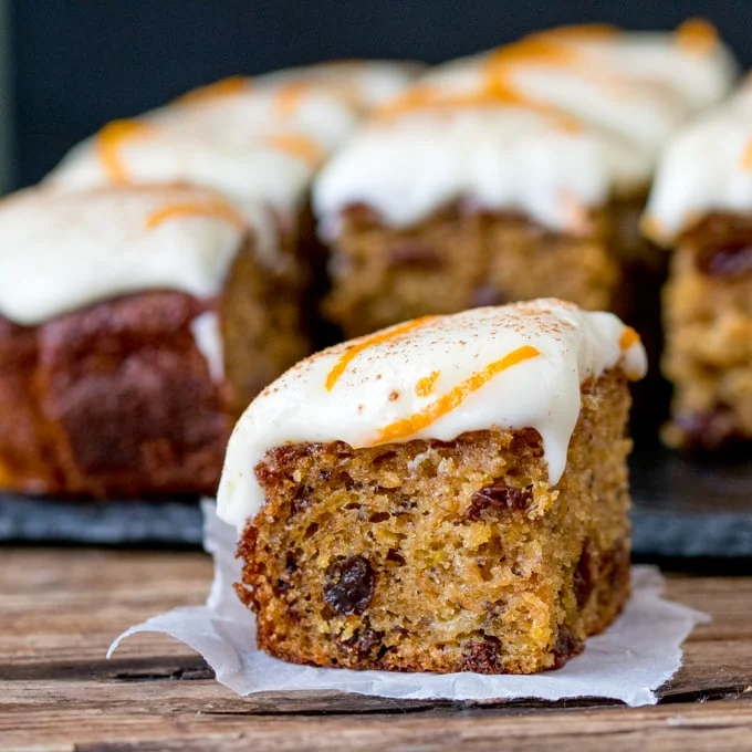 Carrot and sultana cake with creamy orange frosting