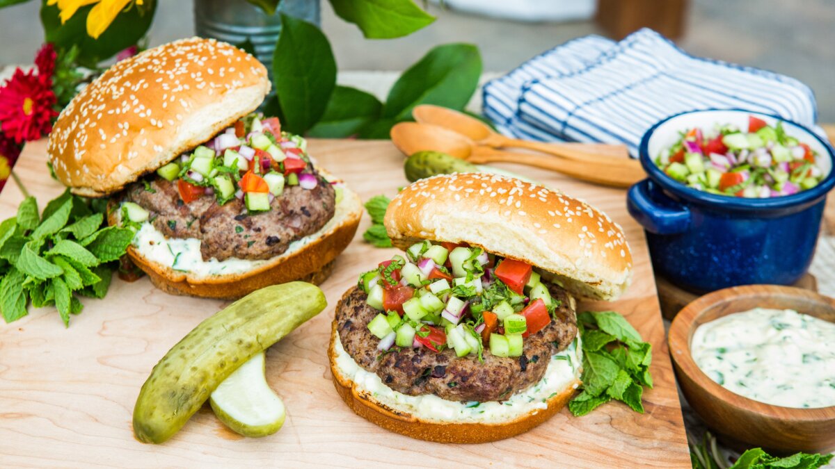 Lamb burgers with mint mayo and tomato relish