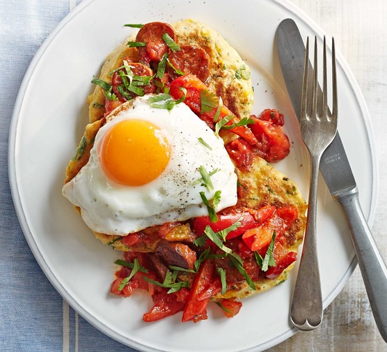 Mexican sweetcorn pancakes, poached eggs and salsa