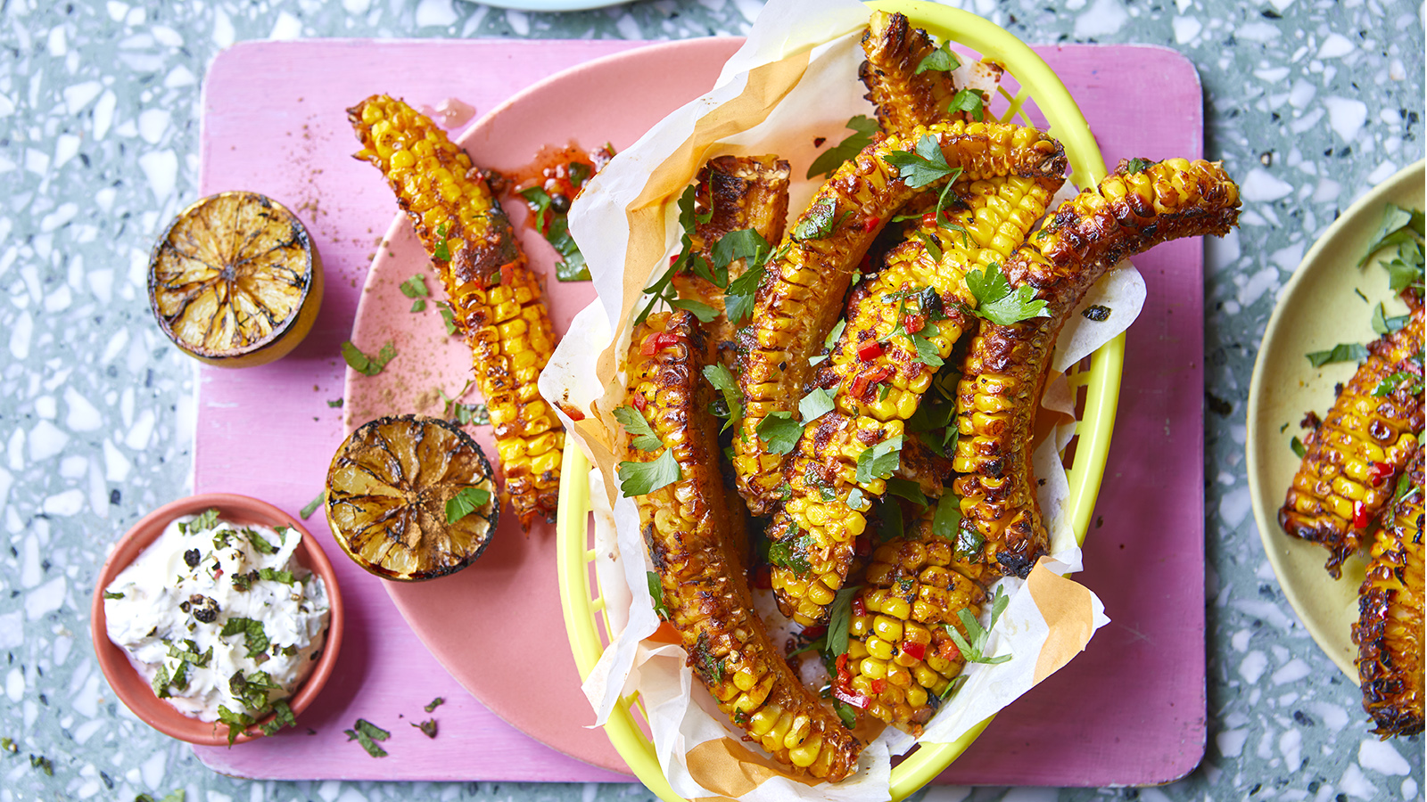 Barbecued sweetcorn ribs with plantain hummus