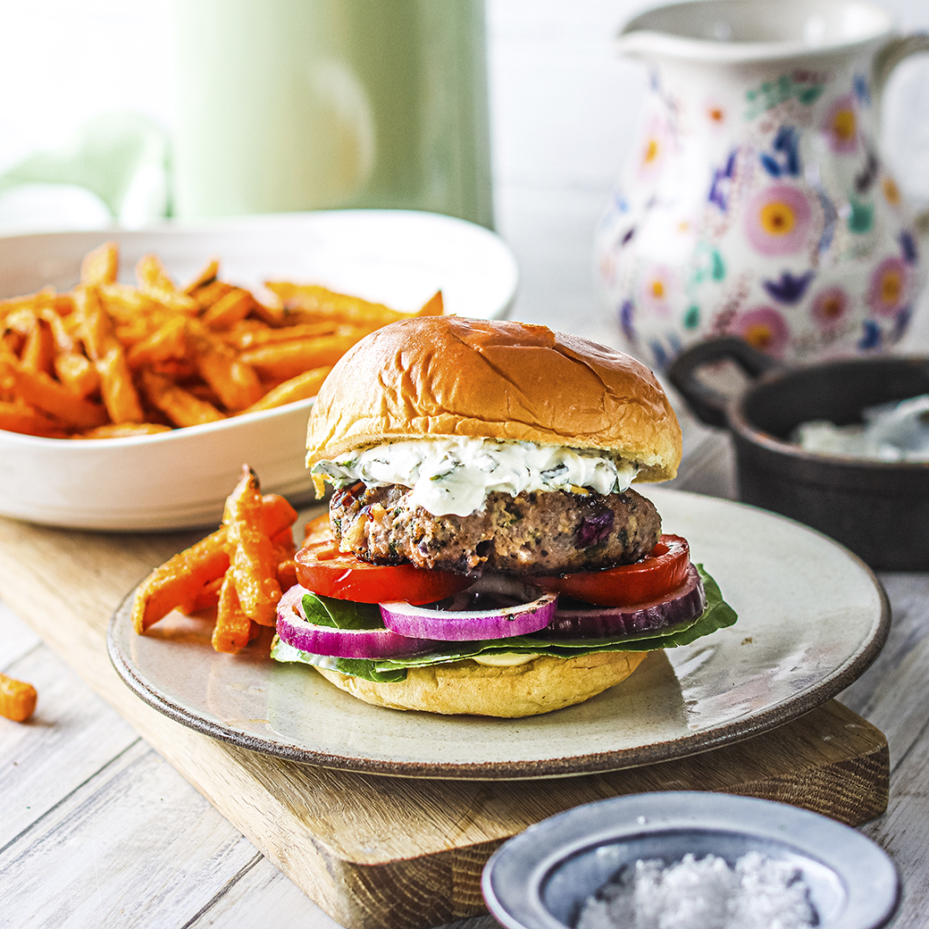 Spiced lamb burgers with herbed yoghurt