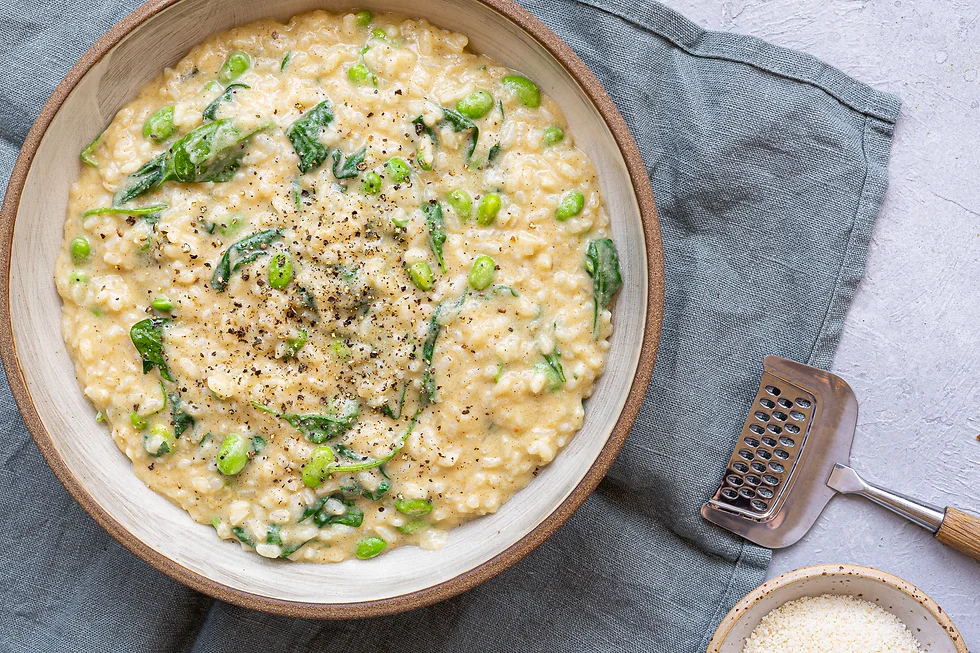 Artichoke, broad bean and pea risotto