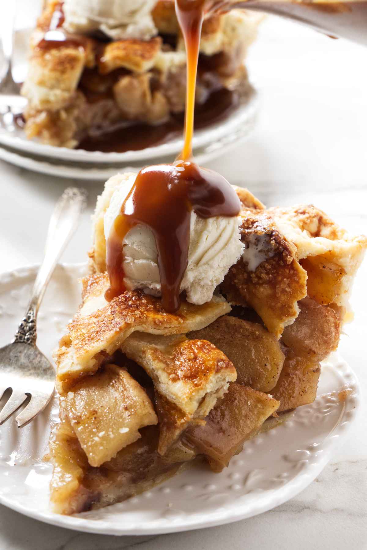 Upside-down apple pie with butterscotch sauce