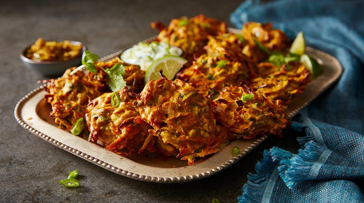 Carrot and parsnip bhajis with coriander and chilli chutney