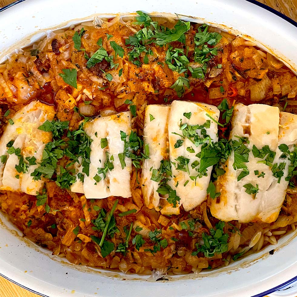 Cod and chorizo orzo