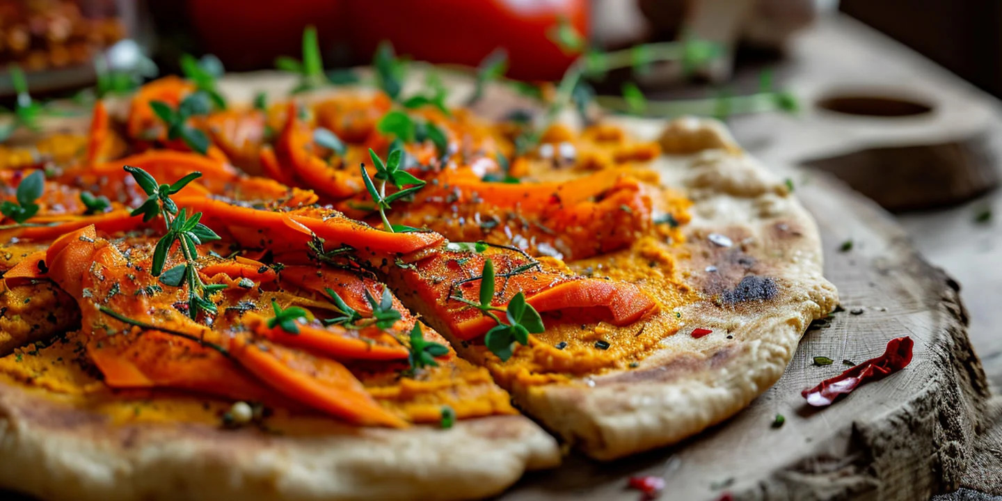 Carrot hummus with garlic and herb flatbreads