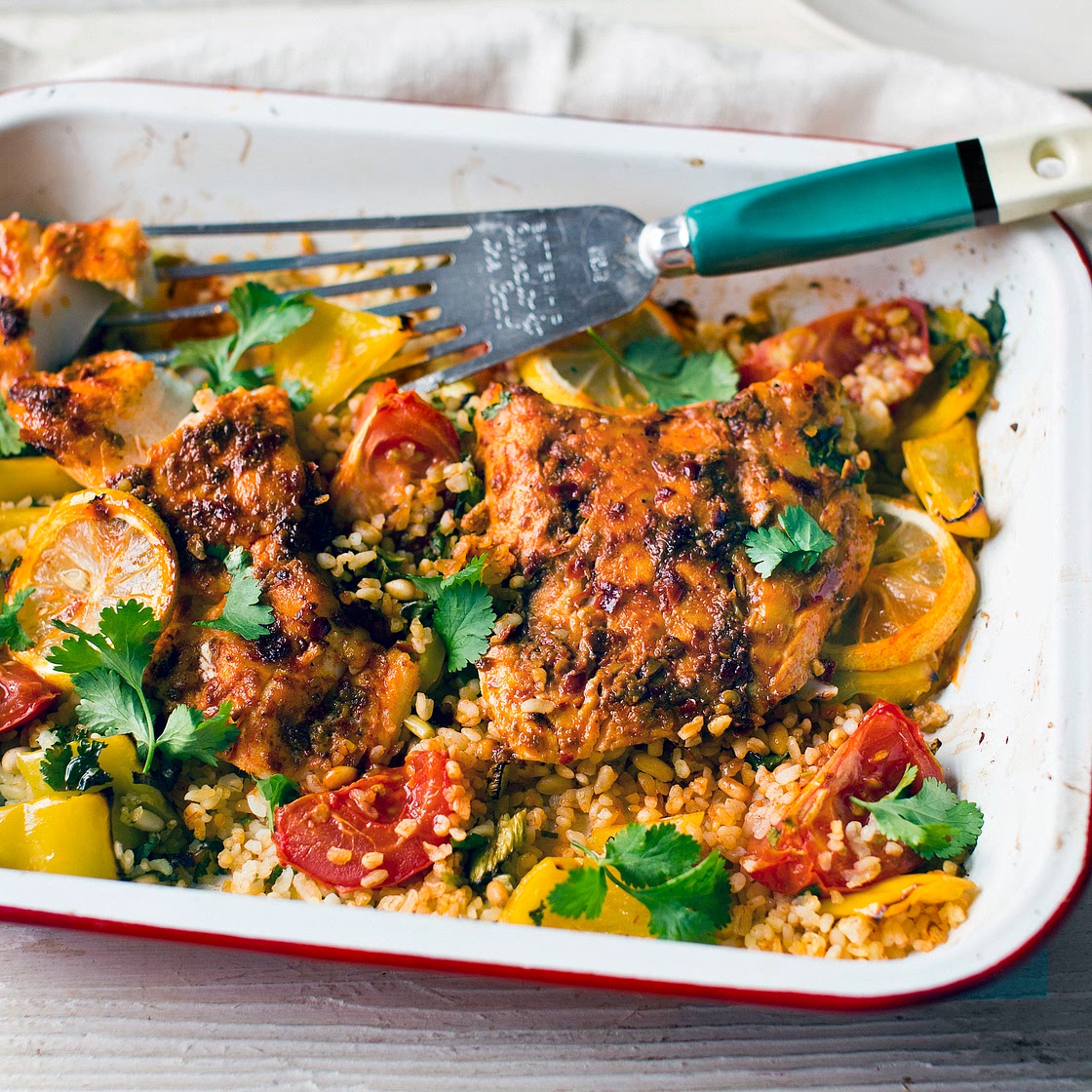 Harissa baked fish with bulgur wheat