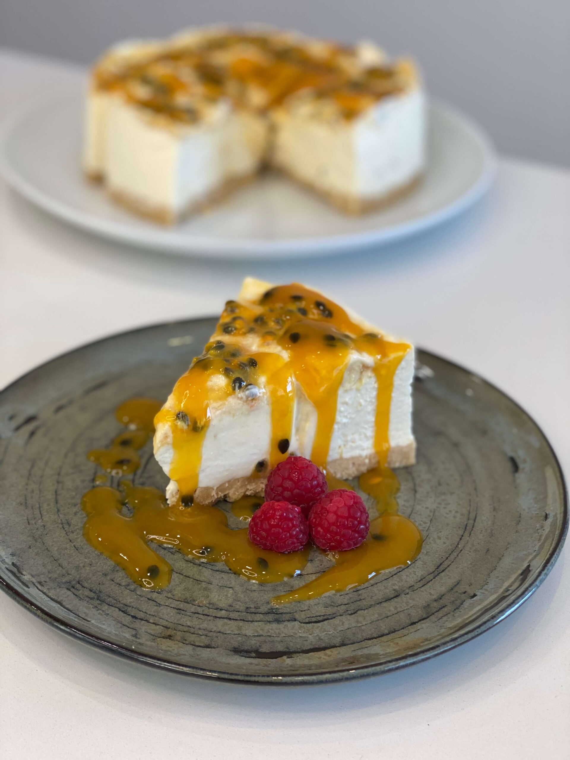 Party cheesecake with mango and passionfruit salsa