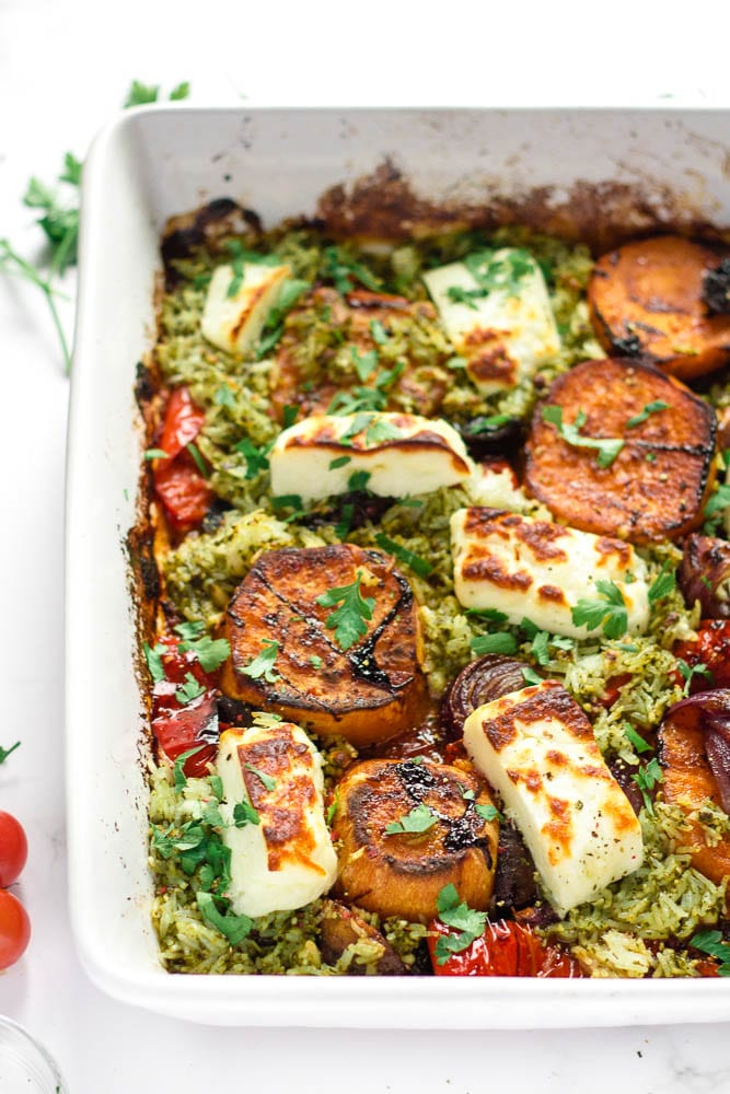 Vegetable and halloumi traybake with tzatziki